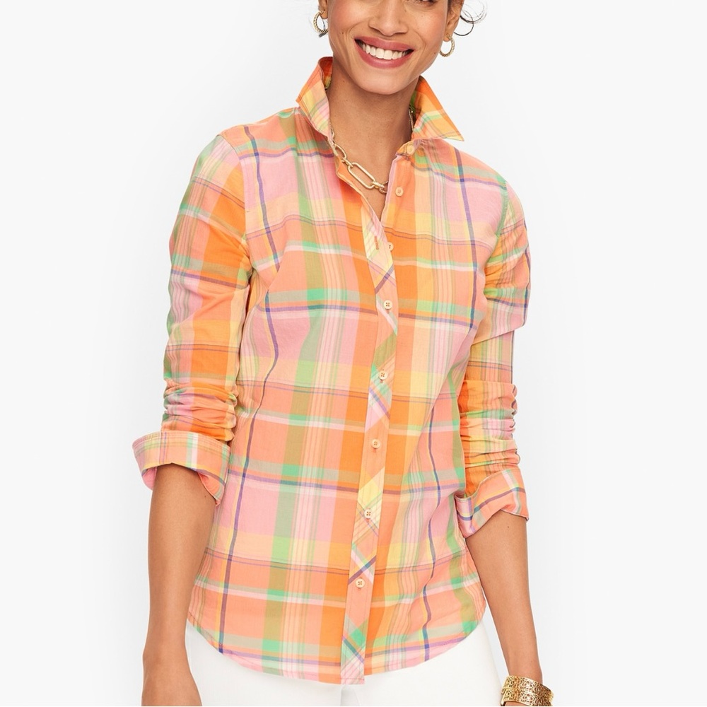 Talbots Plus Pastel Plaid Collar Long Sleeve Button Up Cotton Blouse Women’s 1X